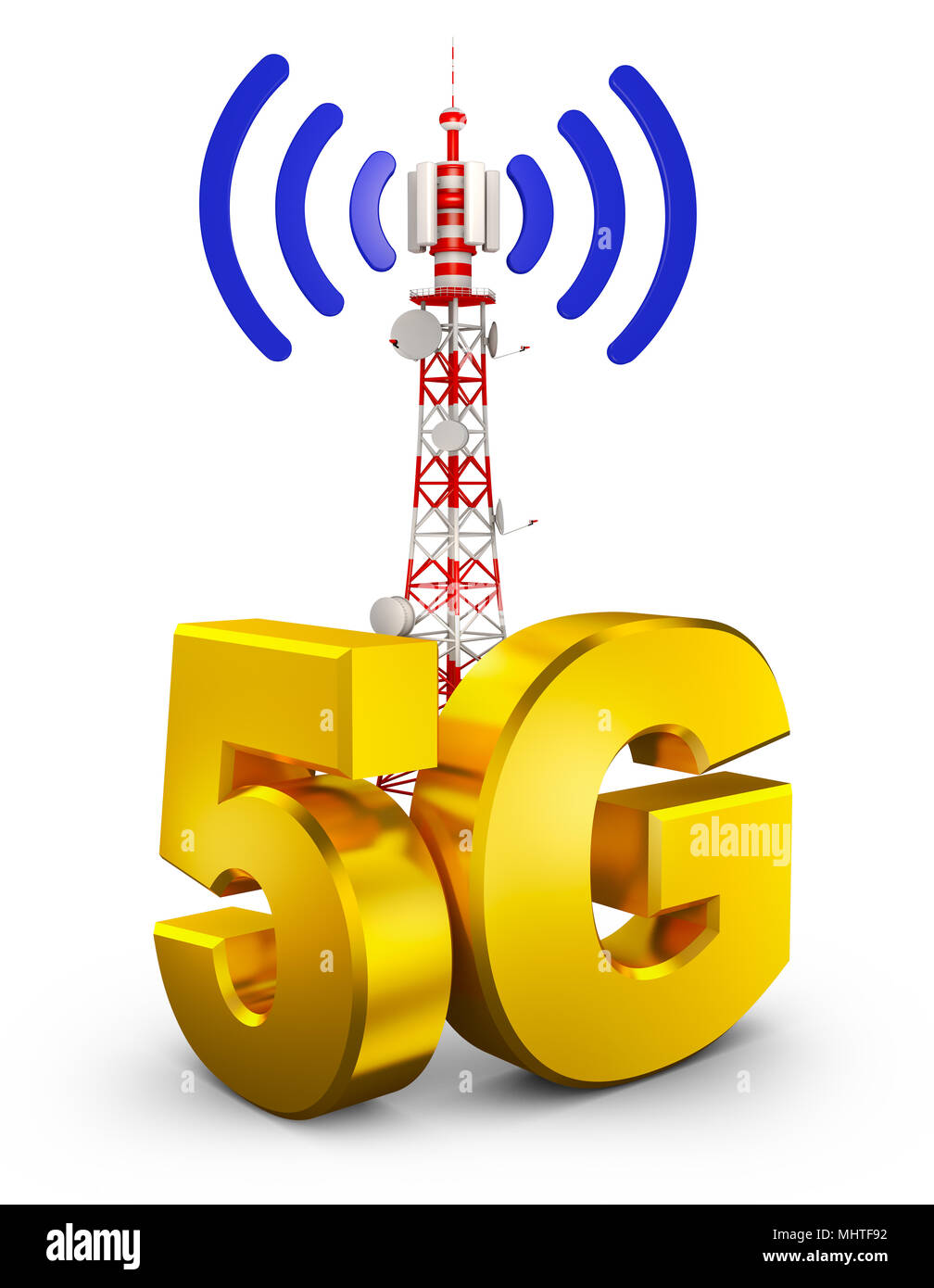 5G e di una torre di comunicazione. Il rendering 3d. Foto Stock