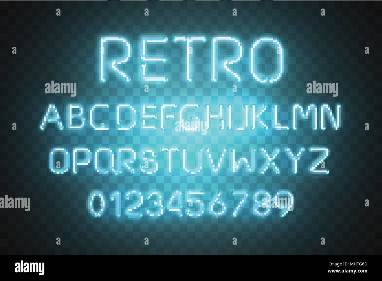 Luce al Neon alfabeto Font Vector . Brillante effetto di testo. Tubo al neon blu lettere isolati su sfondo trasparente. Illustrazione vettoriale EPS 10 . Illustrazione Vettoriale