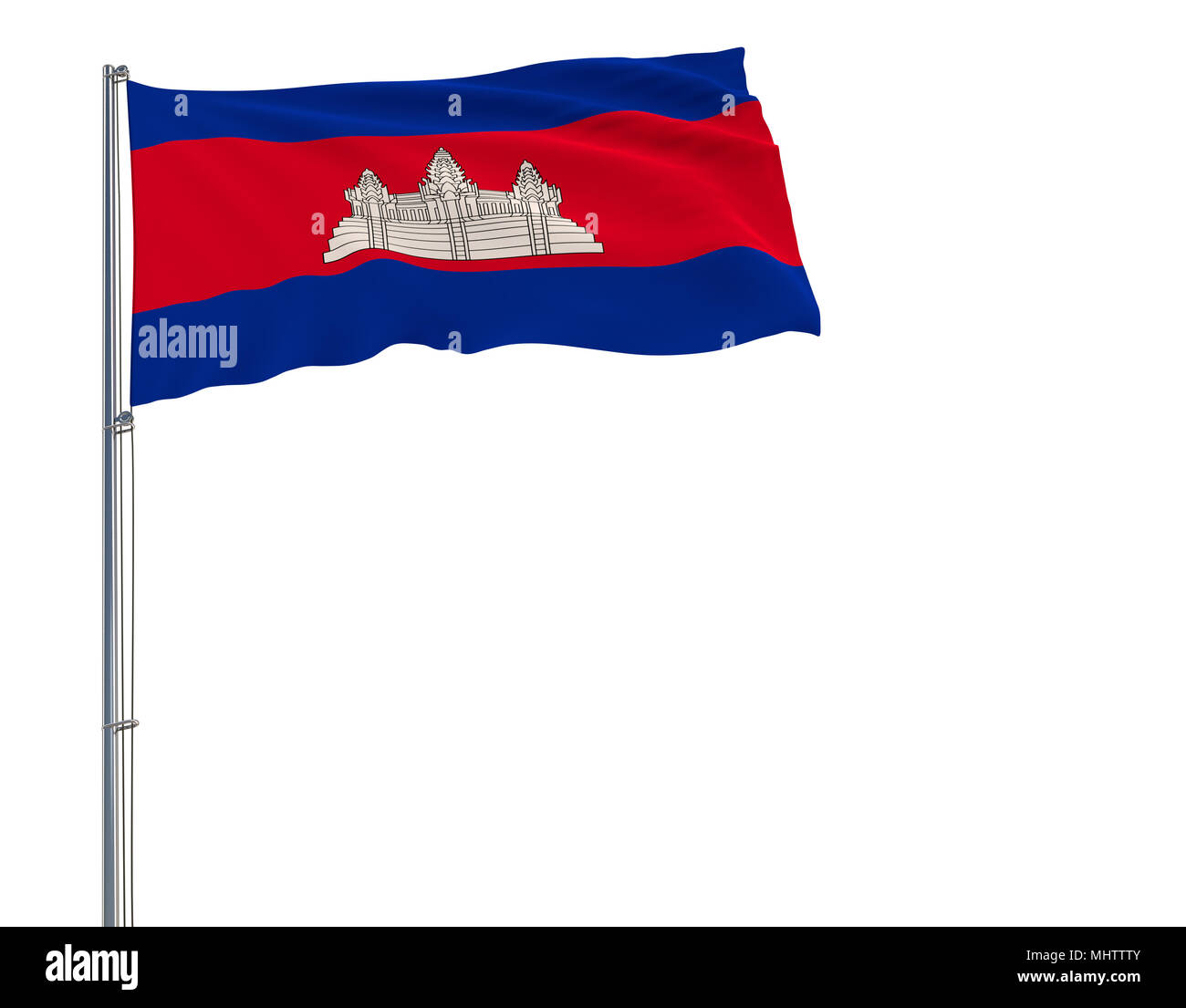 Isolare la bandiera della Cambogia su un pennone che fluttua nel vento su uno sfondo bianco, rendering 3D Foto Stock