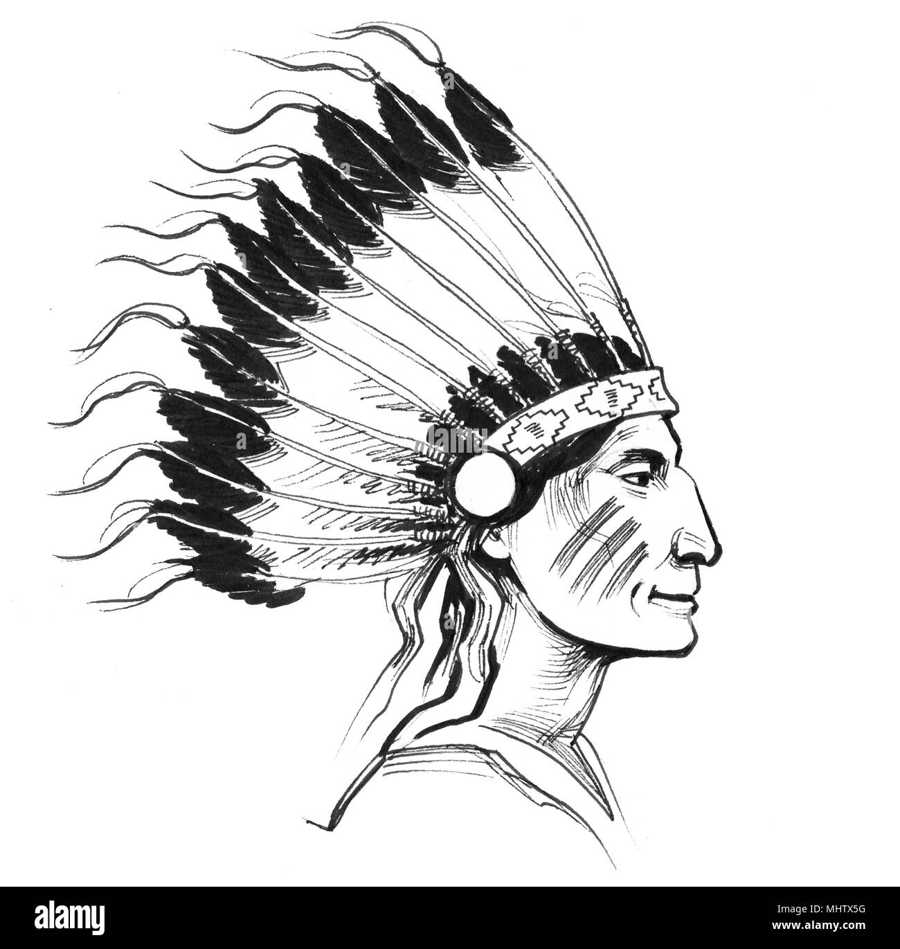 Capo nativo americano. L'inchiostro bianco e nero illustrazione Foto Stock