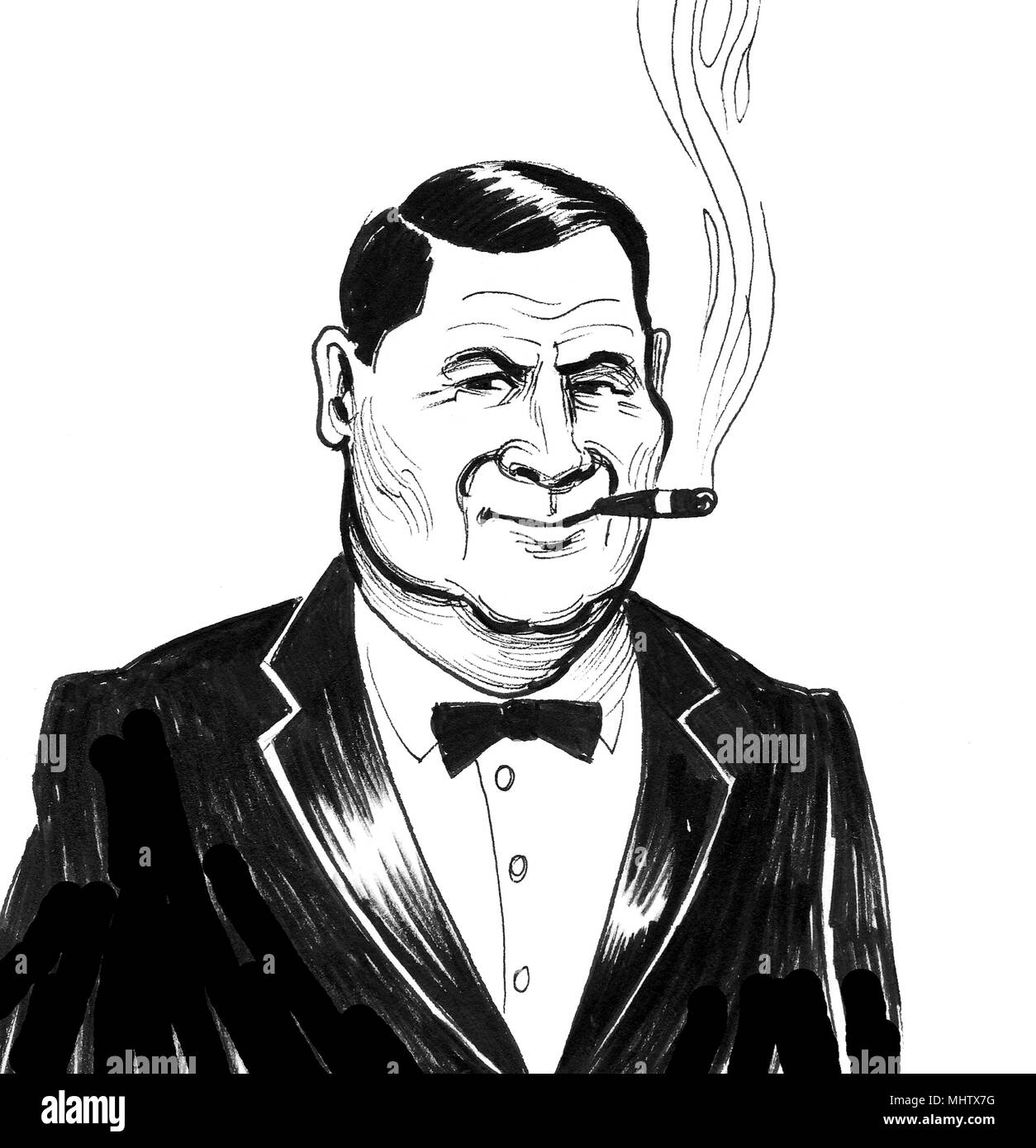 Boss in tuta con un sigaro. L'inchiostro bianco e nero illustrazione Foto Stock