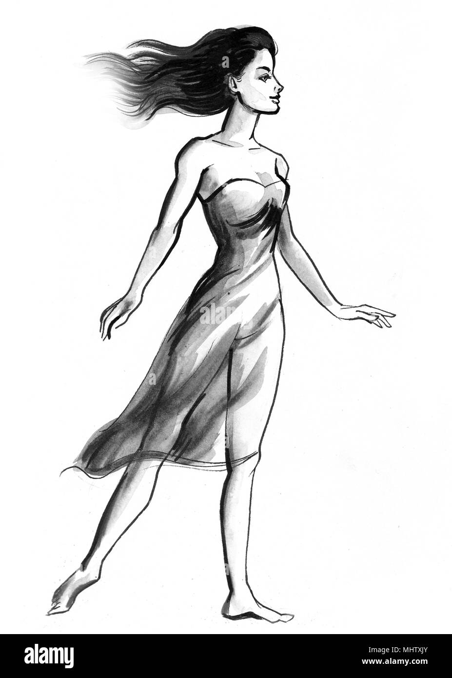 Pretty Woman in abito. L'inchiostro bianco e nero illustrazione Foto Stock