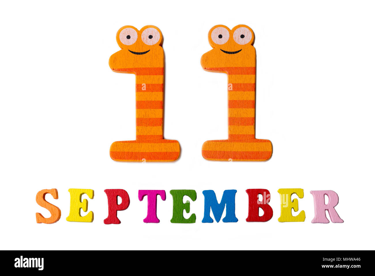 Settembre 11, su uno sfondo bianco, le lettere e i numeri. Calendario. Foto Stock