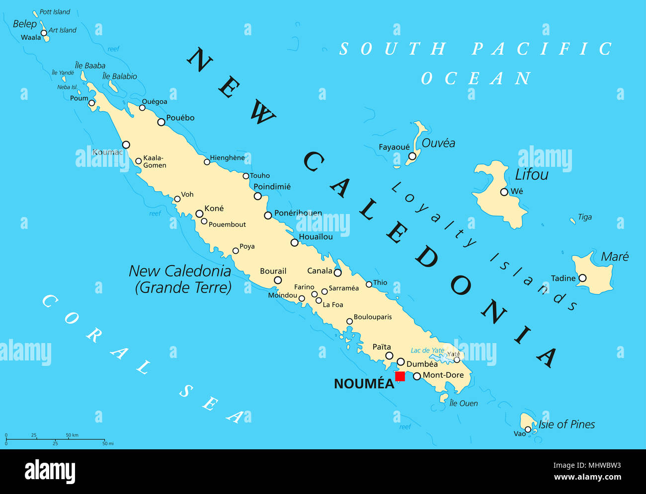 Nuova Caledonia mappa politico con capitale Noumea. Collettività speciale della Francia nell'Oceano Pacifico. Arcipelago con isola principale Grand terre. Foto Stock