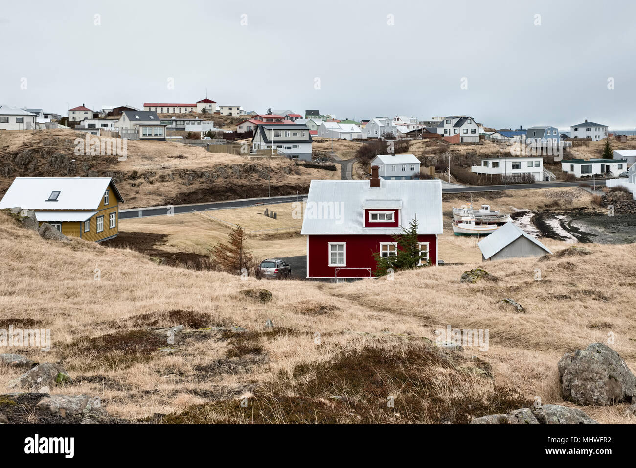 West Islanda - case tipiche nella pittoresca cittadina di Stykkishólmur sulla penisola Snaefellsnes. Foto Stock