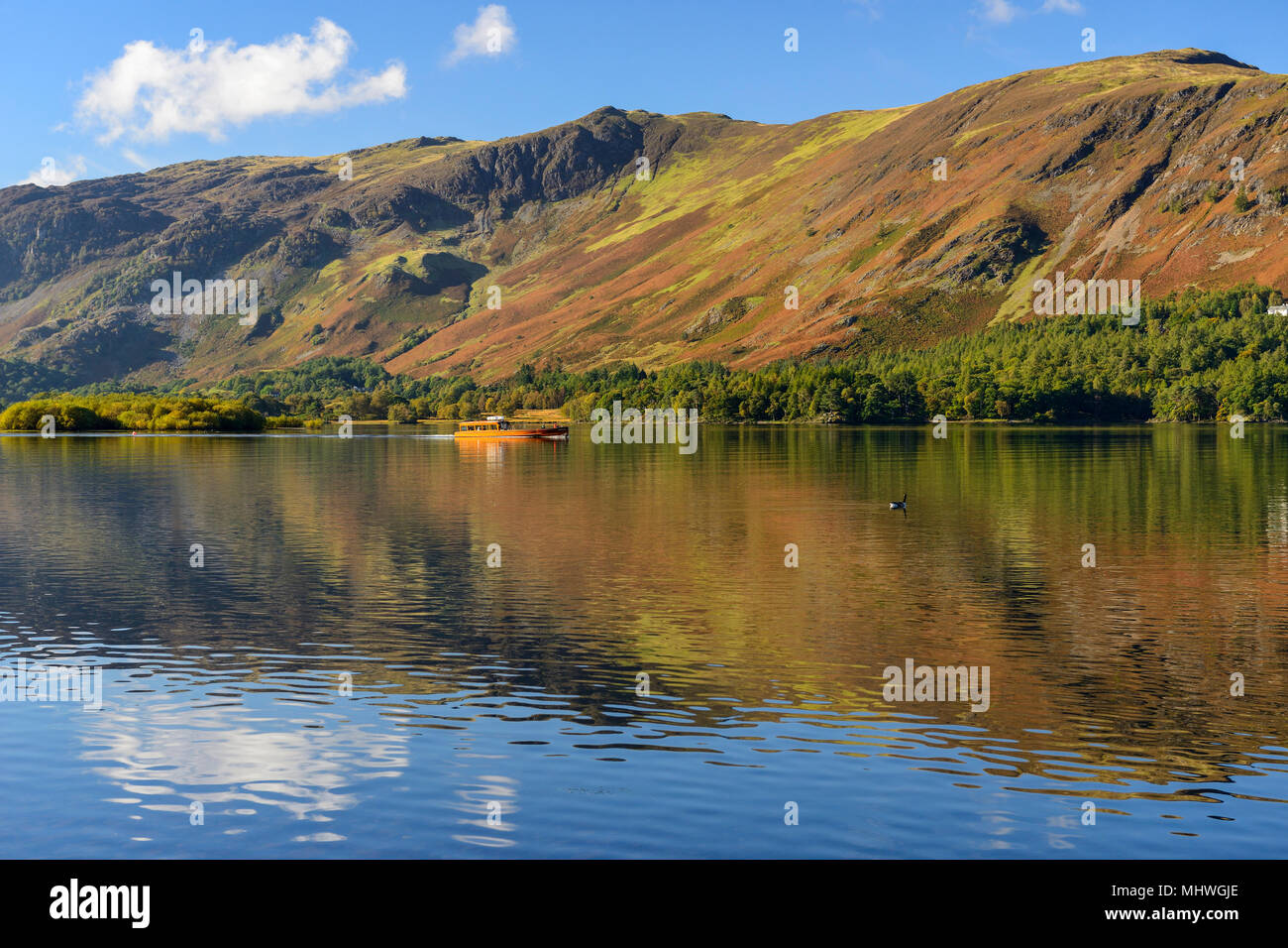 Signora Derwentwater lancia a motore che viaggiano sulla Derwent Water nel Parco Nazionale del Distretto dei Laghi, Cumbria, Inghilterra Foto Stock