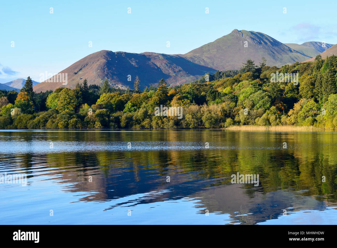 Guardando ad ovest sulla Derwent Water da Keswick nel Parco nazionale del Lake District in Cumbria, Inghilterra Foto Stock