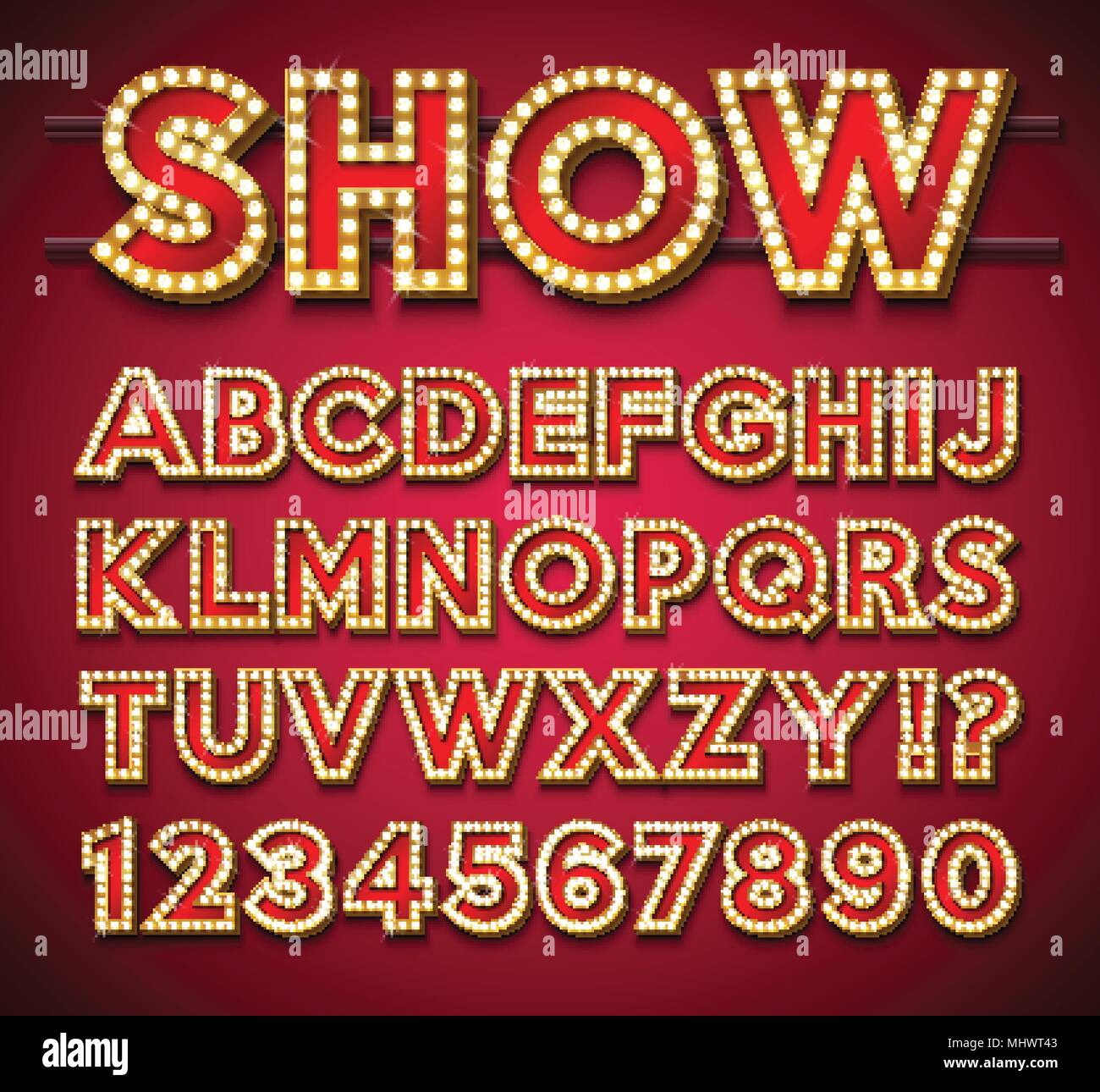 Lampadina della luce di alfabeto con cornice dorata e ombra su red backgrond. Incandescente vettore retrò raccolta di font con brillanti luci luminose. ABC e il numero design per casinò, night club o cinema. Stratificato caratteri separati. Illustrazione Vettoriale