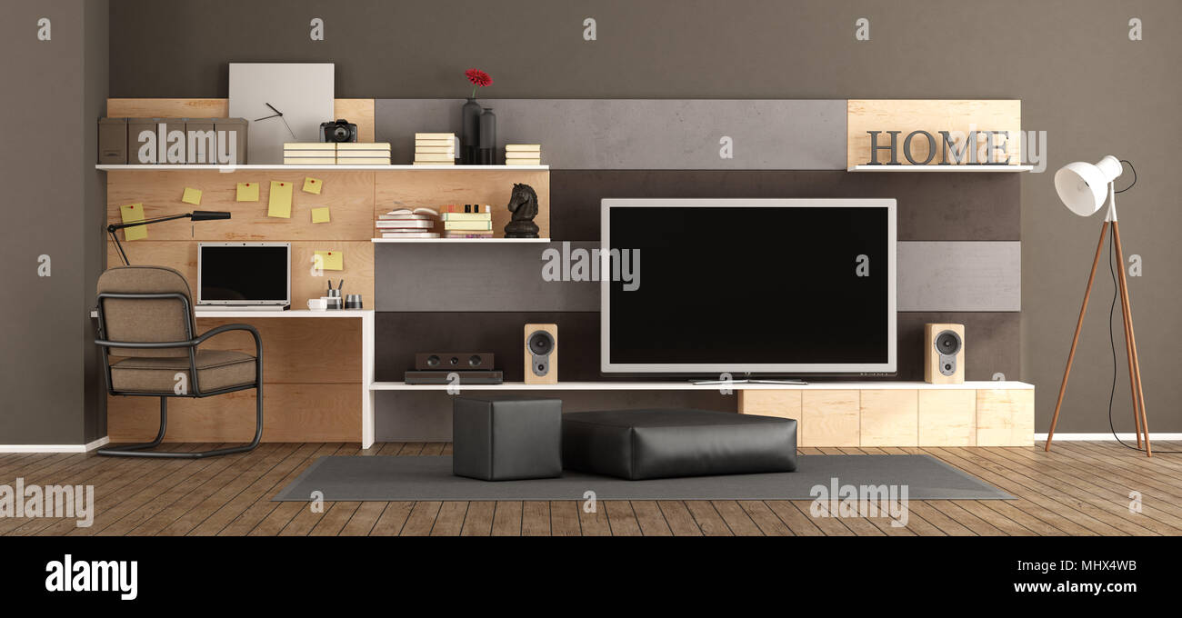 Moderno salotto con televisore e un po' di workstation con laptop - 3d rendering Foto Stock