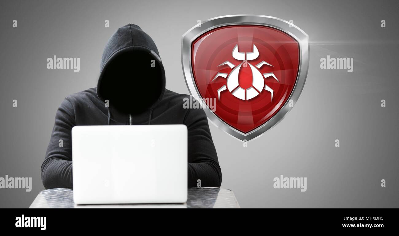 Virus bug scudo e hacker sul computer portatile Foto Stock