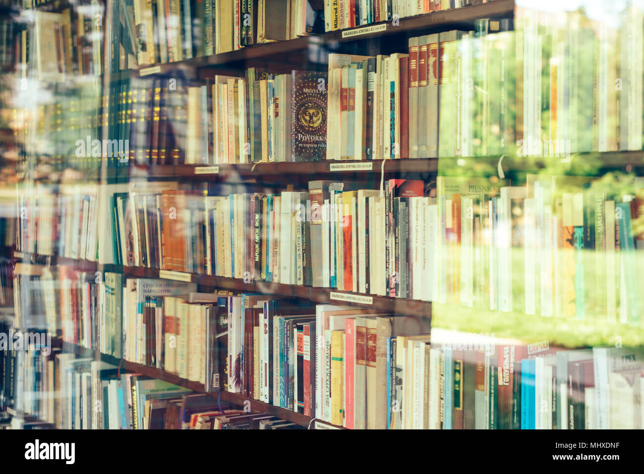 NOVI SAD SERBIA - 2 Maggio 2018: vari libri su uno scaffale nella piccola biblioteca a Bistrica a Novi Sad, editoriale illustrativa Foto Stock