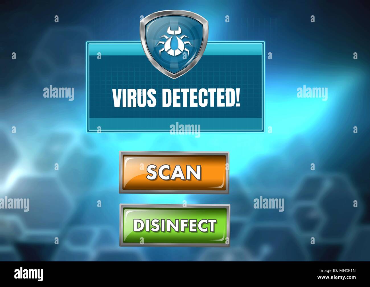 Bug per la rilevazione di virus di protezione dello schermo con pulsante di scansione Foto Stock
