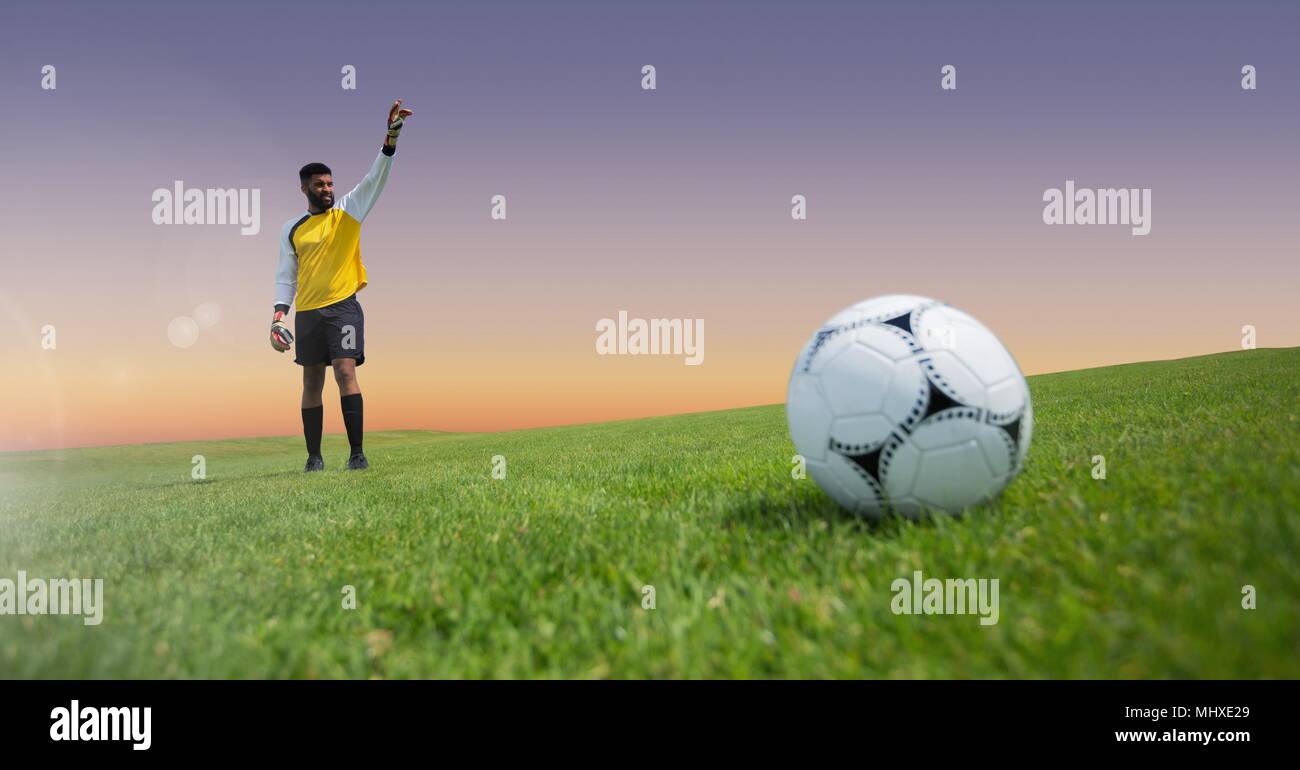 Il portiere giocatore di calcio e calcetto in erba Foto Stock