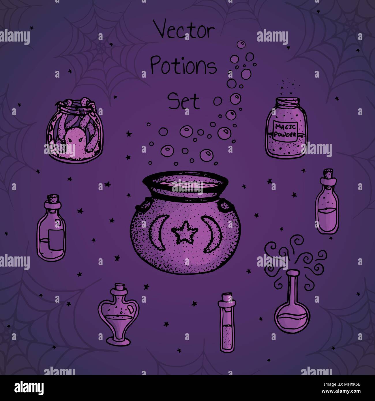 Set di disegnato a mano alchimia di vettore di bottiglie. Viola pozioni, elisir, fiale e cauldrons. Linea di Halloween art. Illustrazione Vettoriale