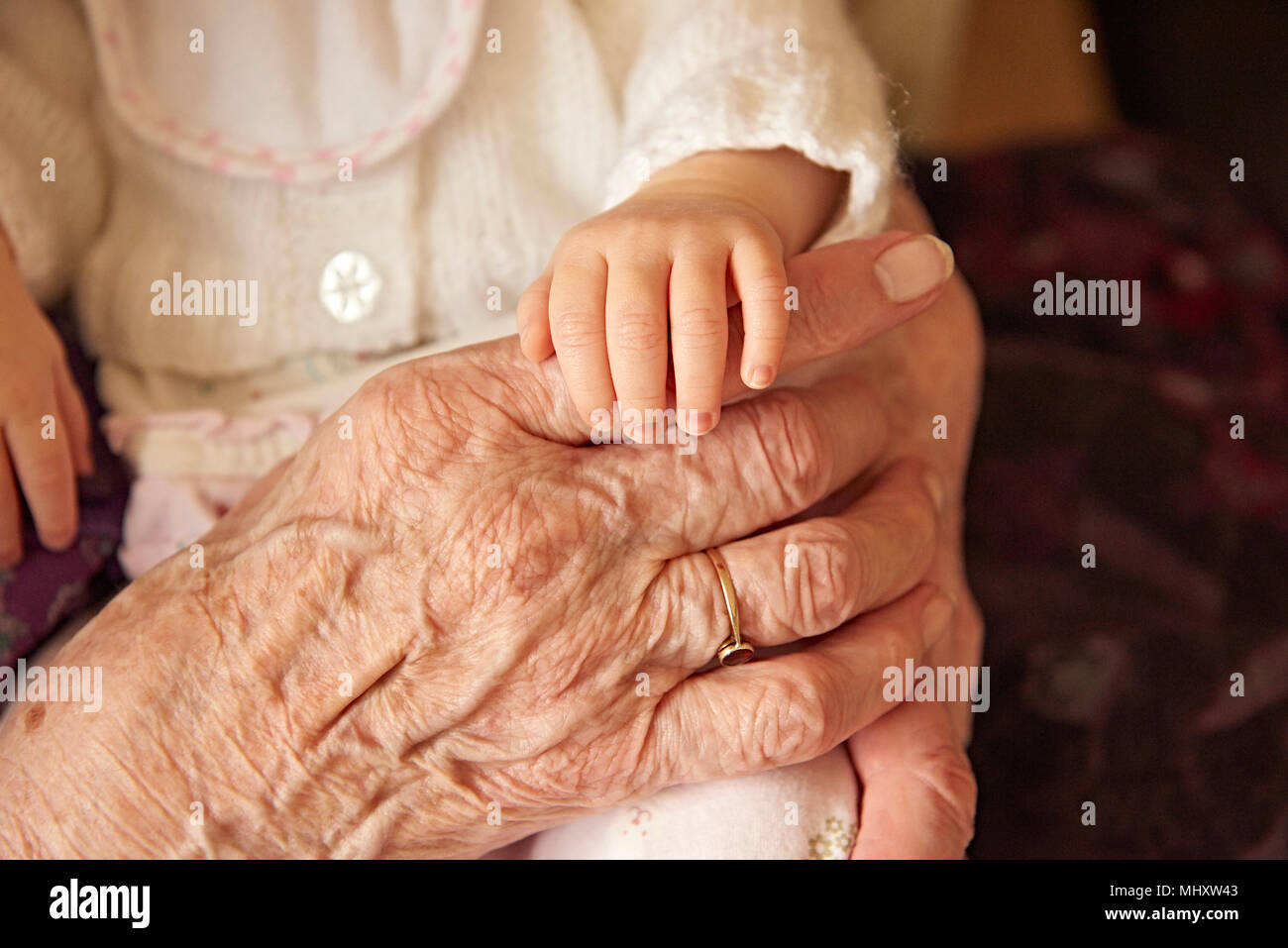 Senior donna azienda baby pronipote, close up delle mani Foto Stock