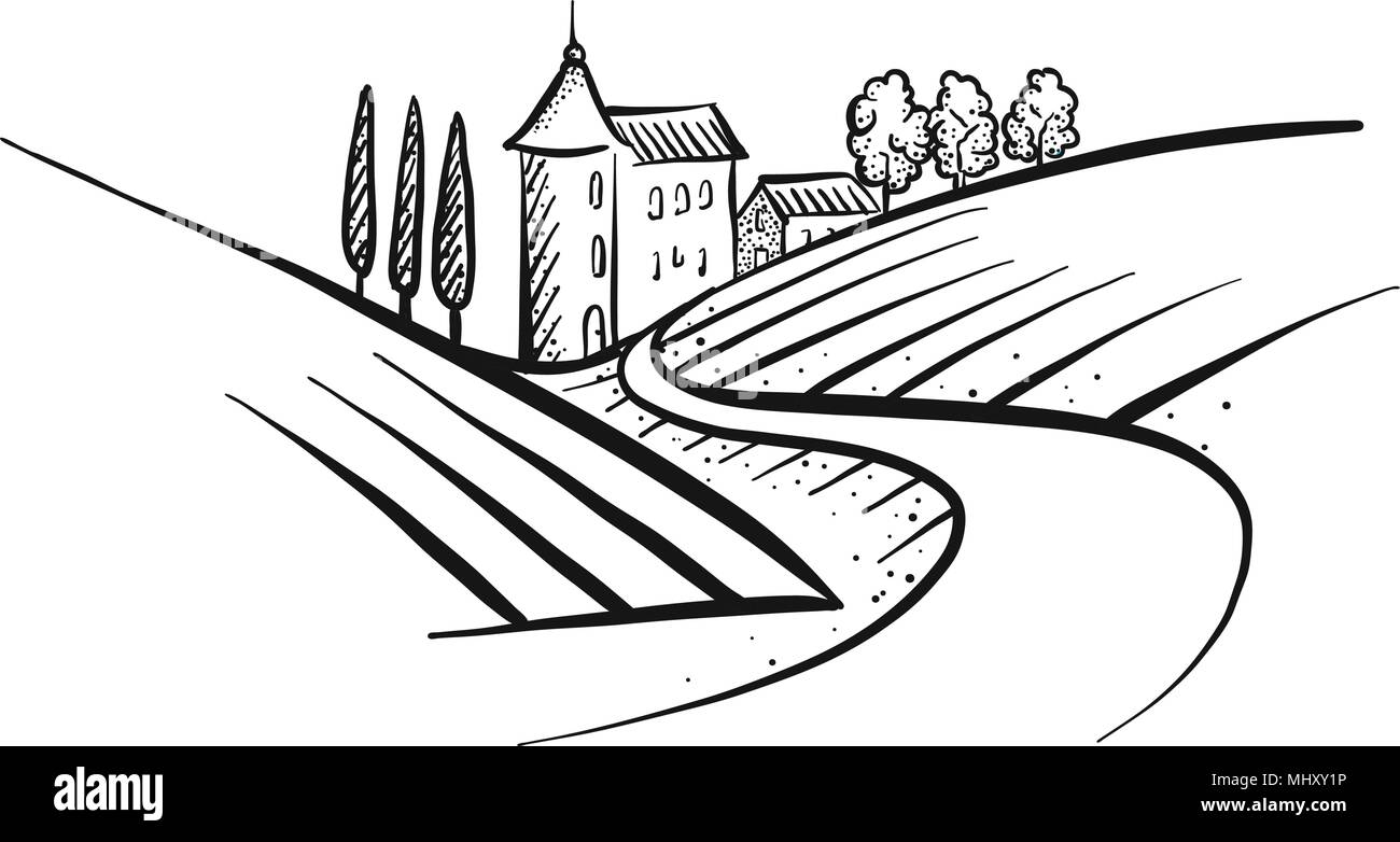 Disegnate a mano vector farmland sketch. Il paesaggio e le case con il percorso. Illustrazione Vettoriale