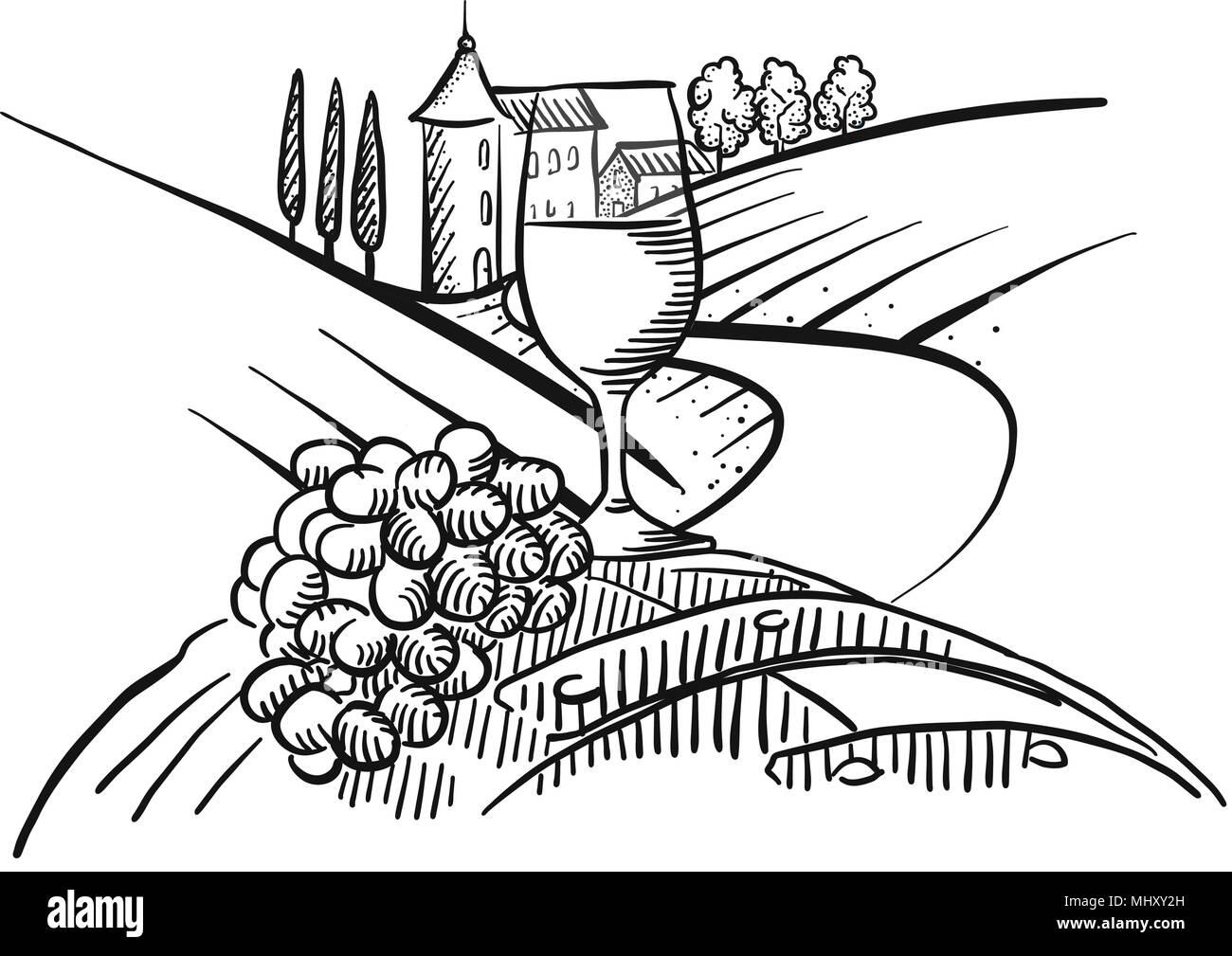 Vino e uva nella parte anteriore delle superfici agricole. Disegnate a mano disegno vettoriale. Illustrazione Vettoriale
