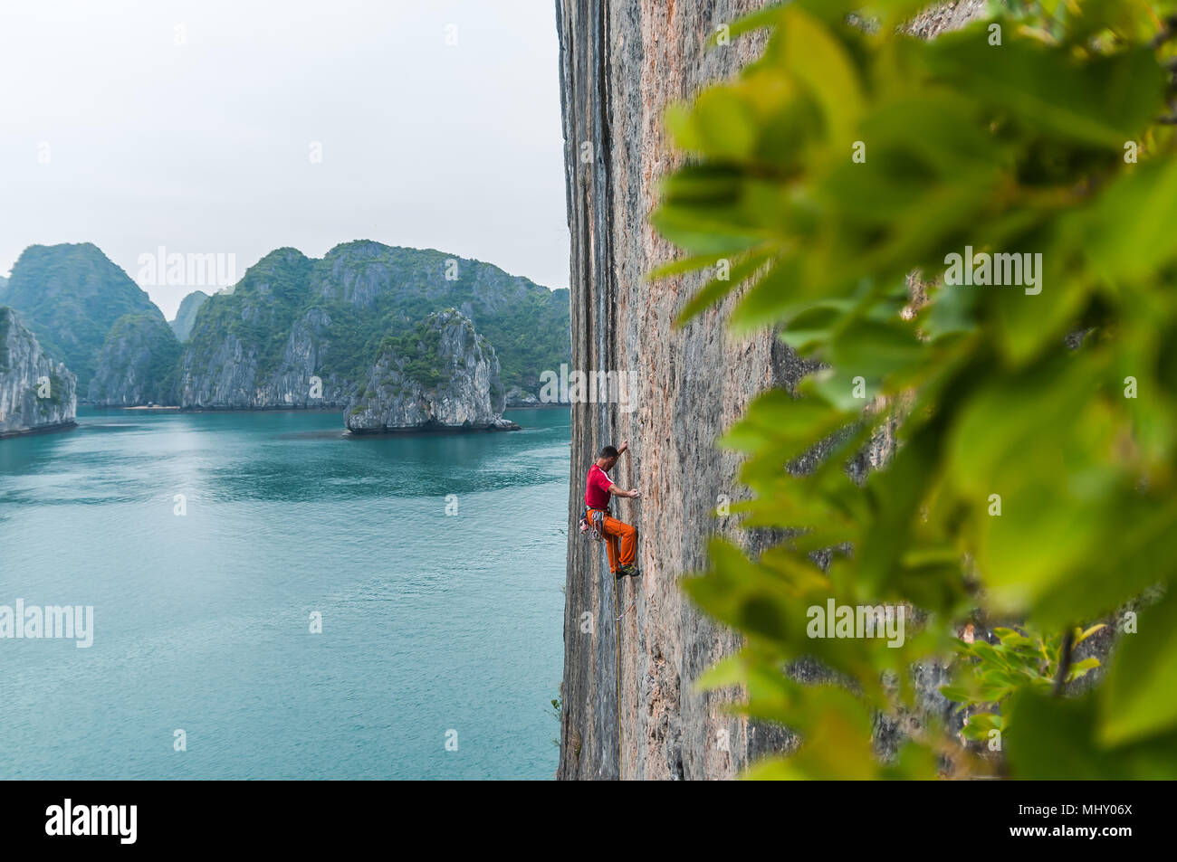 L'uomo arrampicata su roccia calcarea, la baia di Ha Long, Vietnam Foto Stock