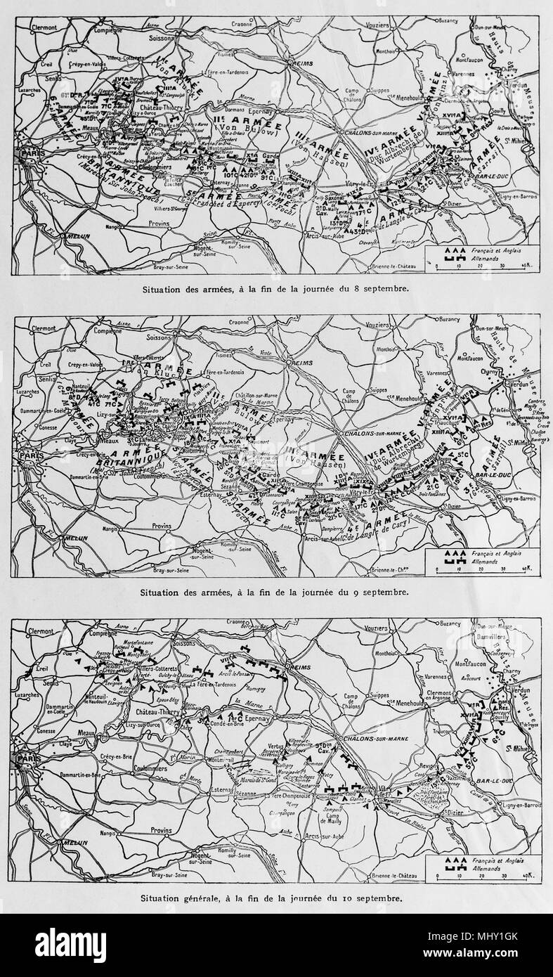 Il movimento degli eserciti durante la prima battaglia della Marna, 8 settembre, 9 e 10, 1914, Francia Foto Stock
