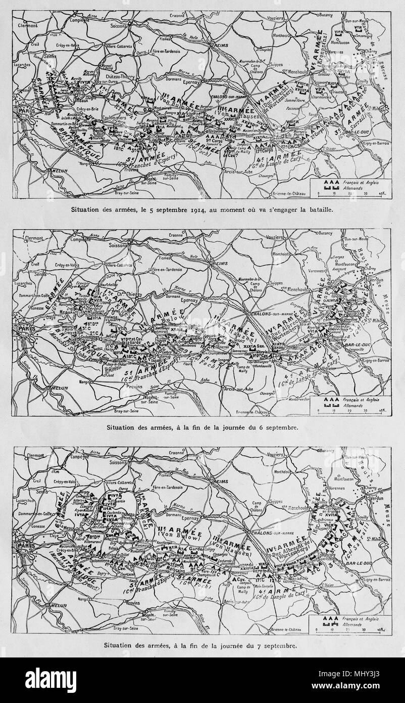 Il movimento degli eserciti durante la prima battaglia della Marna, settembre 5 , 6 e 7, 1914, Francia Foto Stock