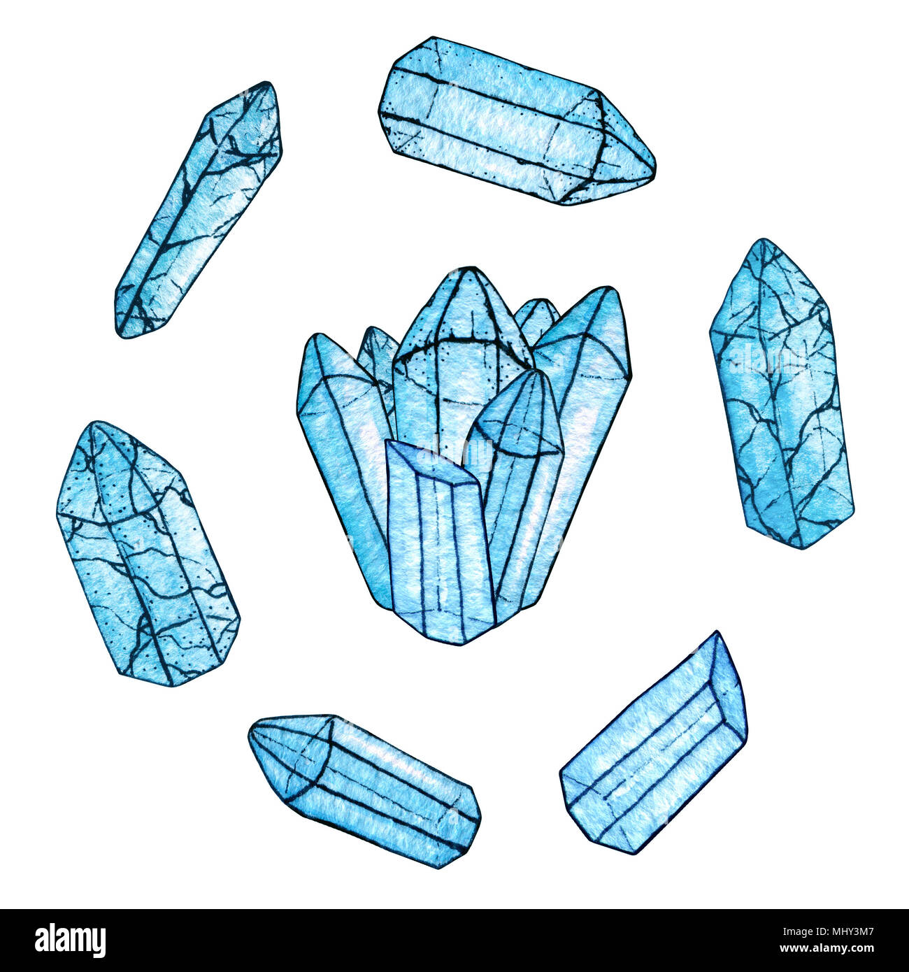 Serie di acquerelli e inchiostro dipinte a mano delle gemme blu e un gruppo di cristalli isolati su uno sfondo bianco. Per il vostro design. Foto Stock