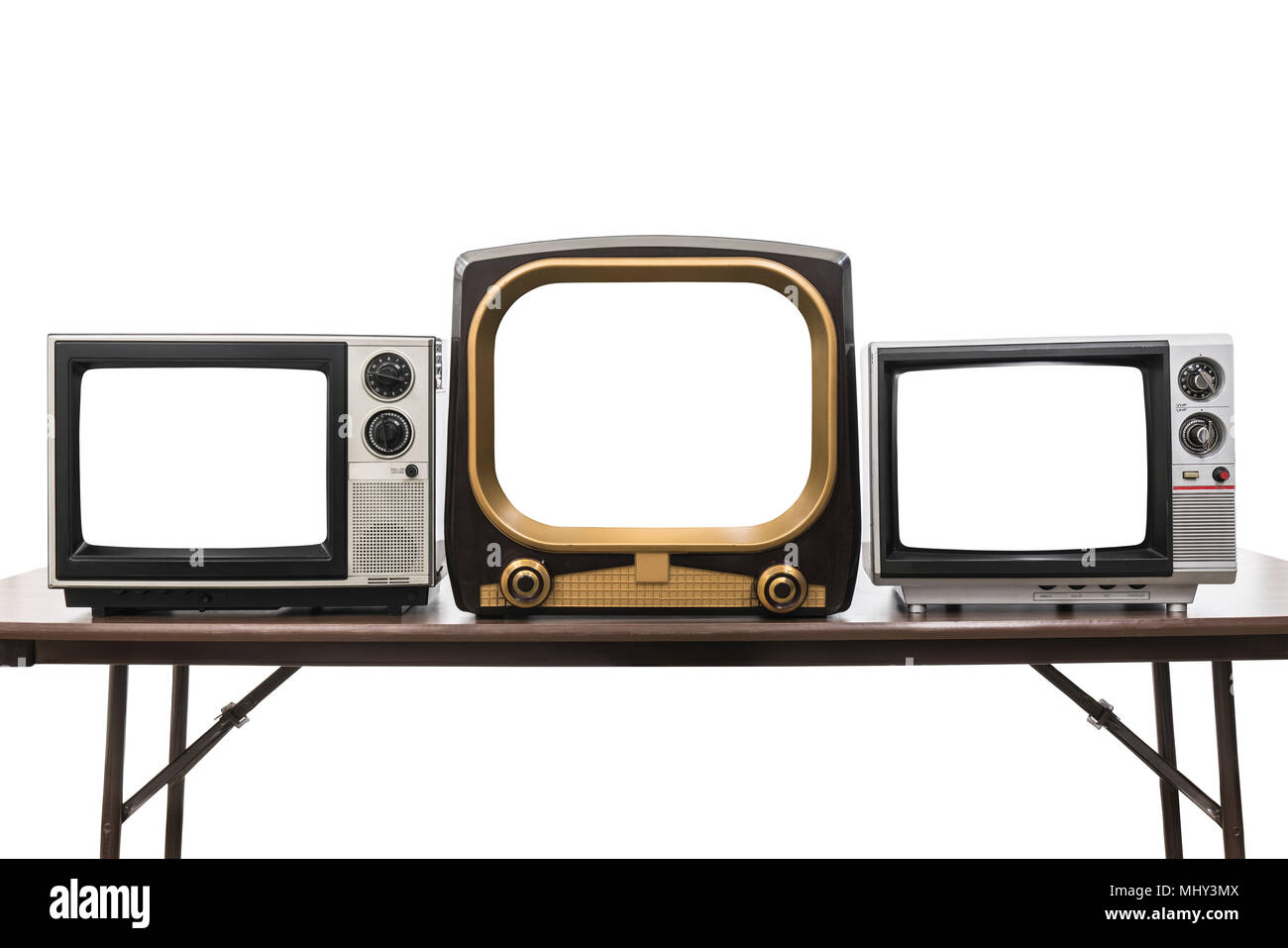 Tre televisori vintage isolato su bianco con schermi vuoti e percorso di clipping. Foto Stock