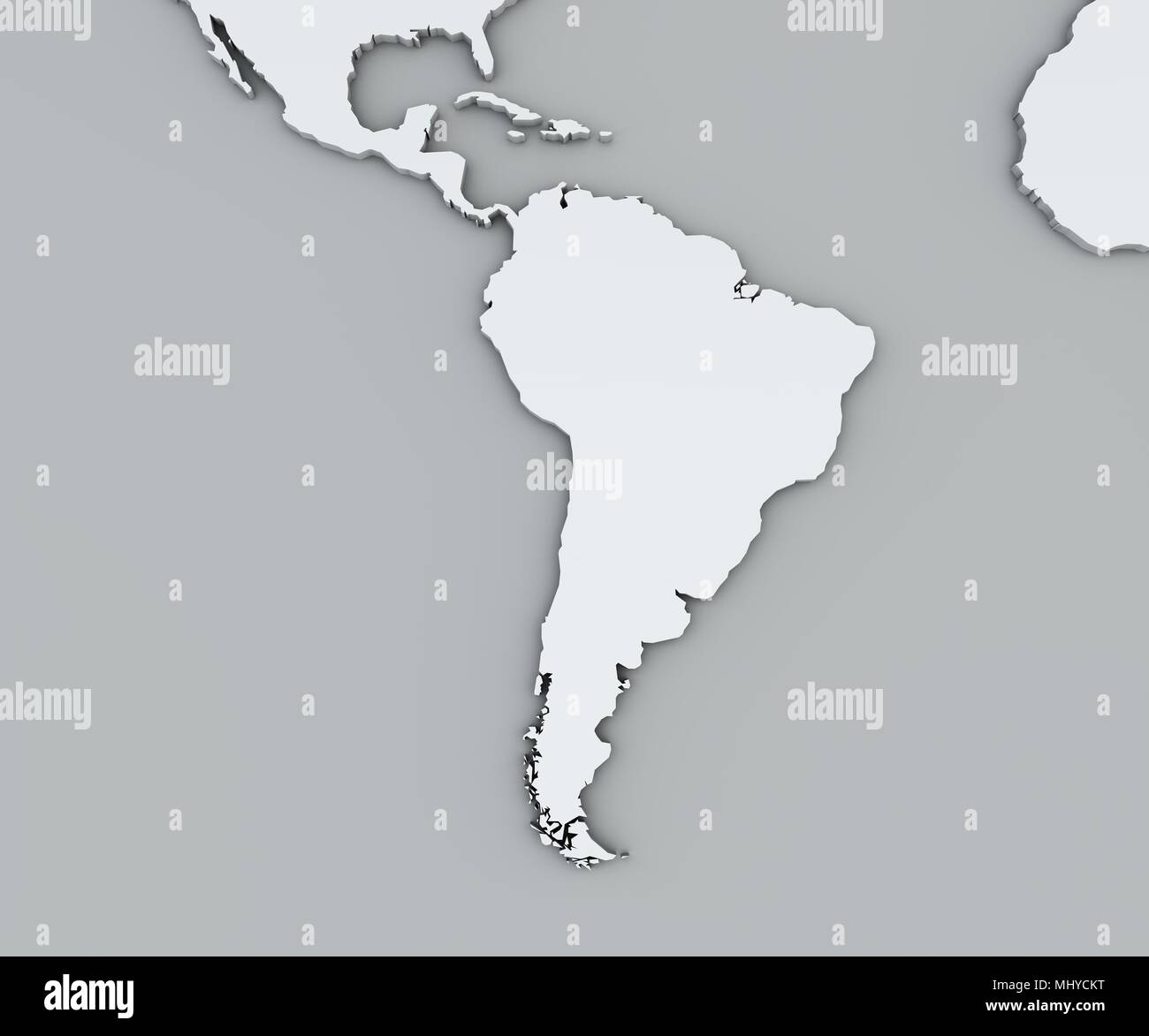 Mappa di Sud America, bianco mappa geografica, fisica. Cartografia, Atlante geografico Foto Stock