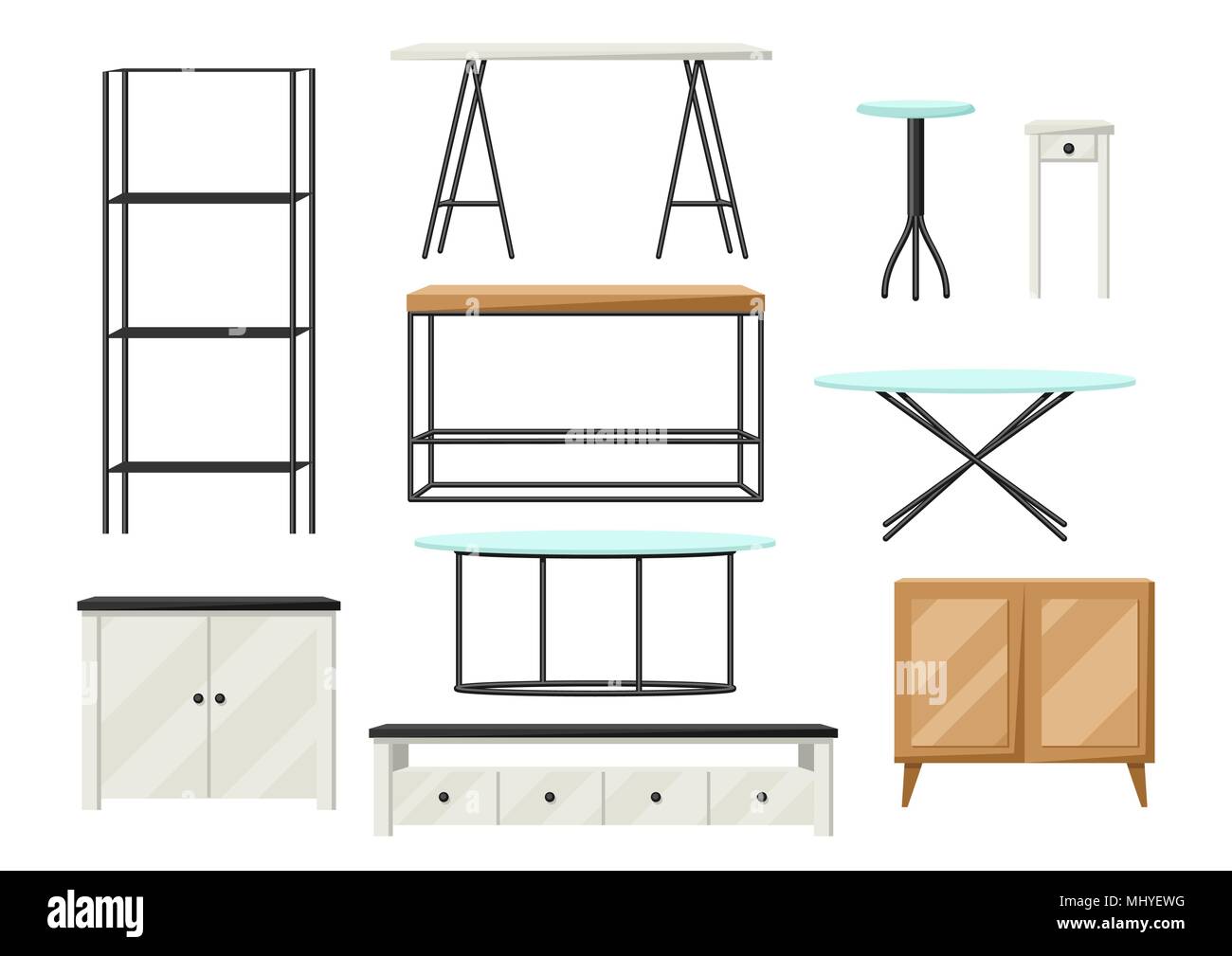 Interni e mobili set. Scaffalatura a ripiani di armadi e tavoli Illustrazione Vettoriale
