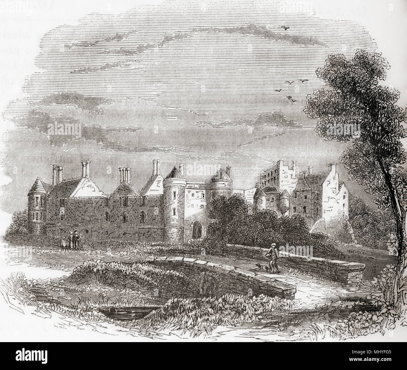 Seton Castle, Seton, Scozia costruito sul sito di Seton palazzo che è stato un rifugio famoso per Maria Regina di Scozia prima di essere demolita nel 1789. Da Vecchia Inghilterra: un museo pittorico, pubblicato nel 1847. Foto Stock