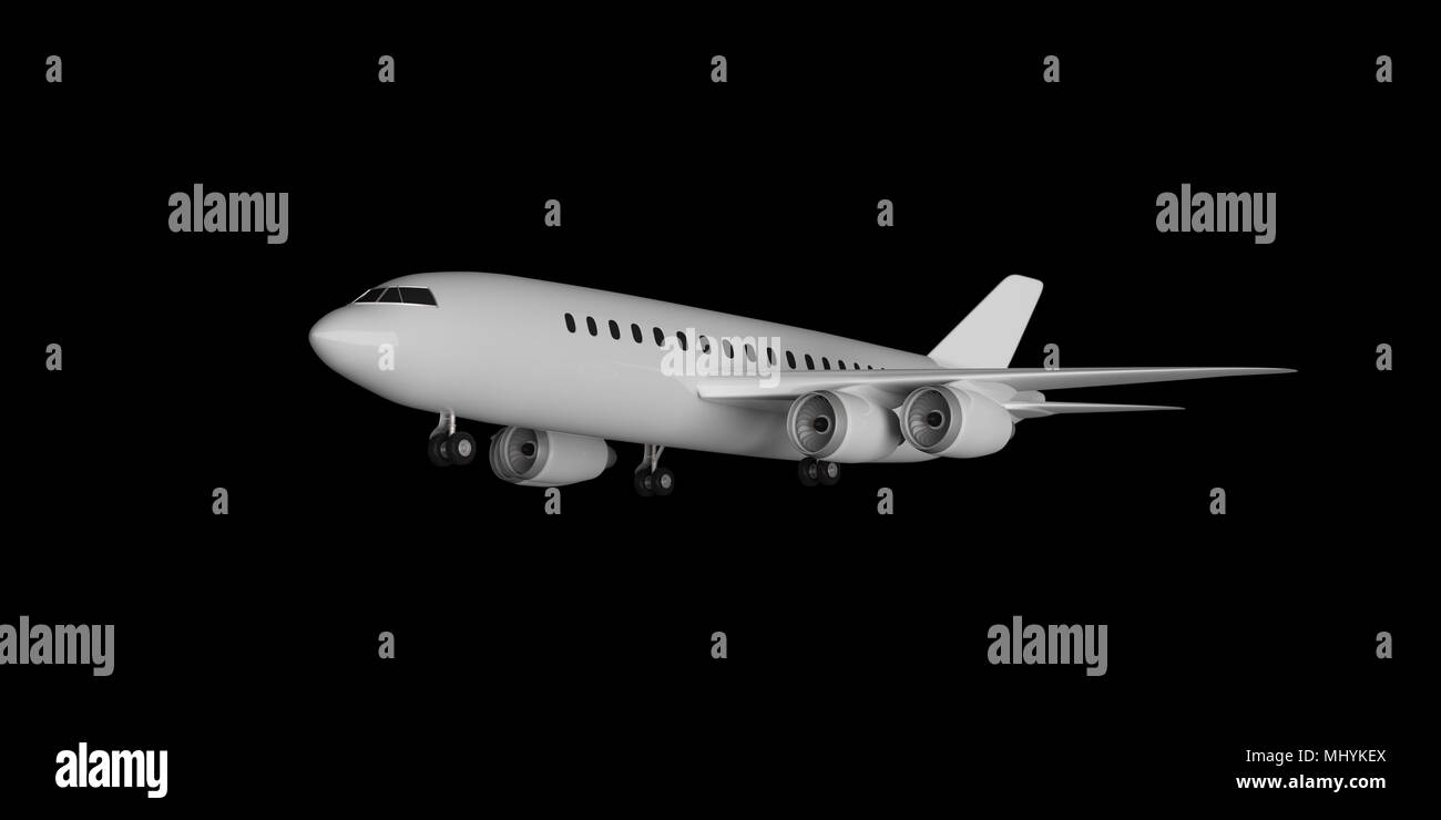 Blank aereo commerciale decollo, con quattro motori, su sfondo nero. 3d illustrazione Foto Stock