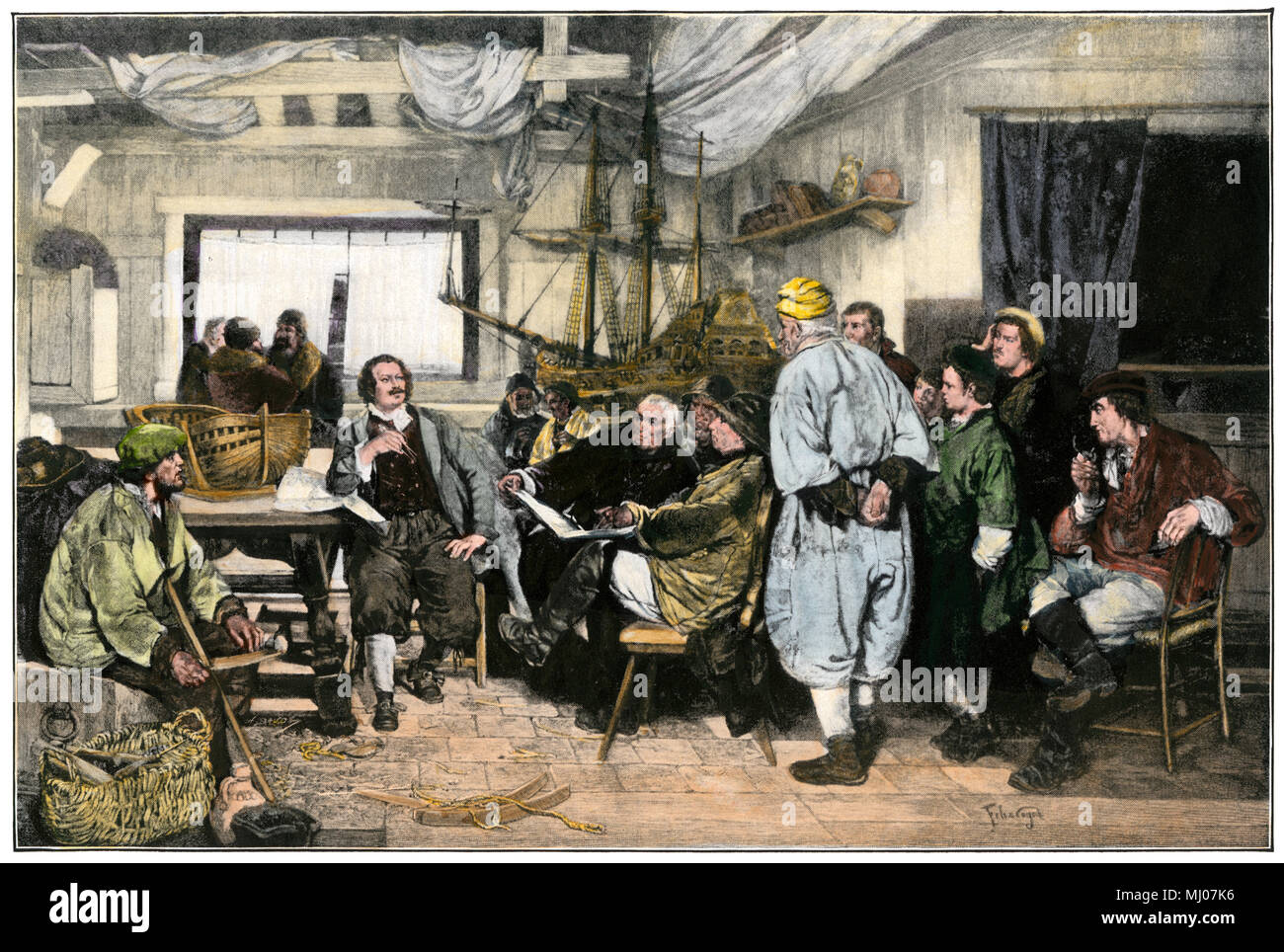 Pietro il Grande apprendimento della cantieristica navale in Olanda. Colorate a mano di mezzitoni una illustrazione Foto Stock