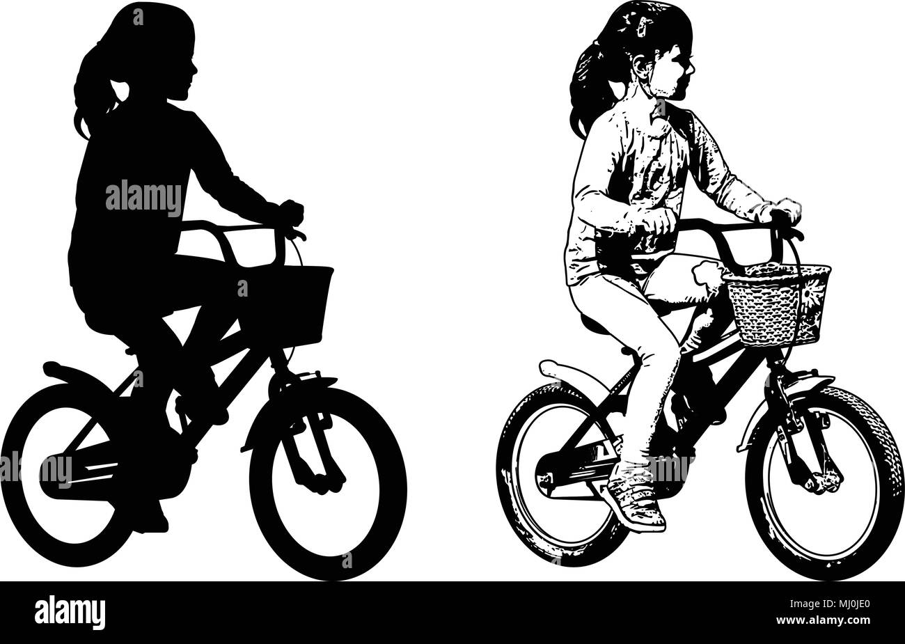 Preschooler ragazza Bicicletta Equitazione schizzo e silhouette - vettore Illustrazione Vettoriale