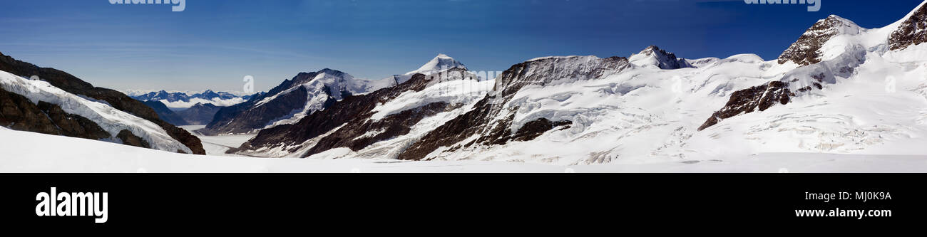 Panorama del Grosser Aletschgletscher con il Ghiacciaio Jungfraufirn in primo piano, portando a Konkordiaplatz, Jungfrau-Aletsch, Svizzera Foto Stock