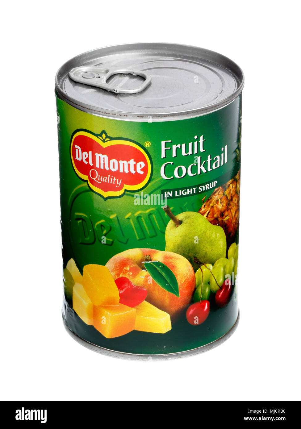 Stoccolma, Svezia - 5 Dicembre 2015: cocktail di frutta in sciroppo leggero con il marchio Del Monte isolato su bianco. Foto Stock