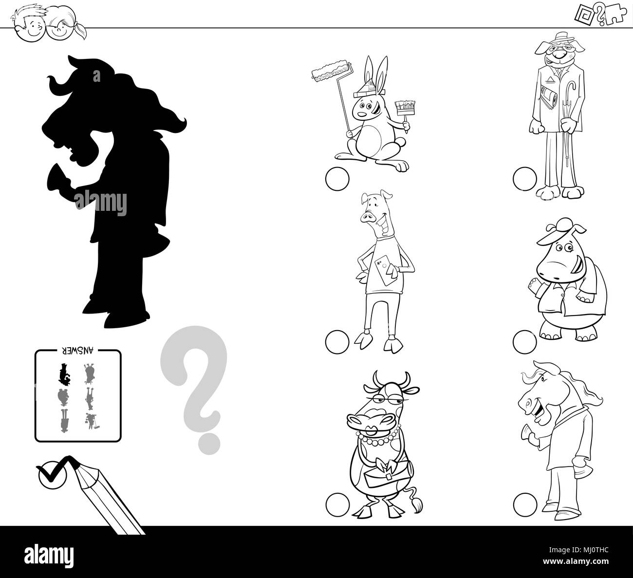 Bianco e Nero Cartoon illustrazione di trovare l'ombra senza differenze di attività educative per i bambini con fantasia personaggi animali Colori Illustrazione Vettoriale