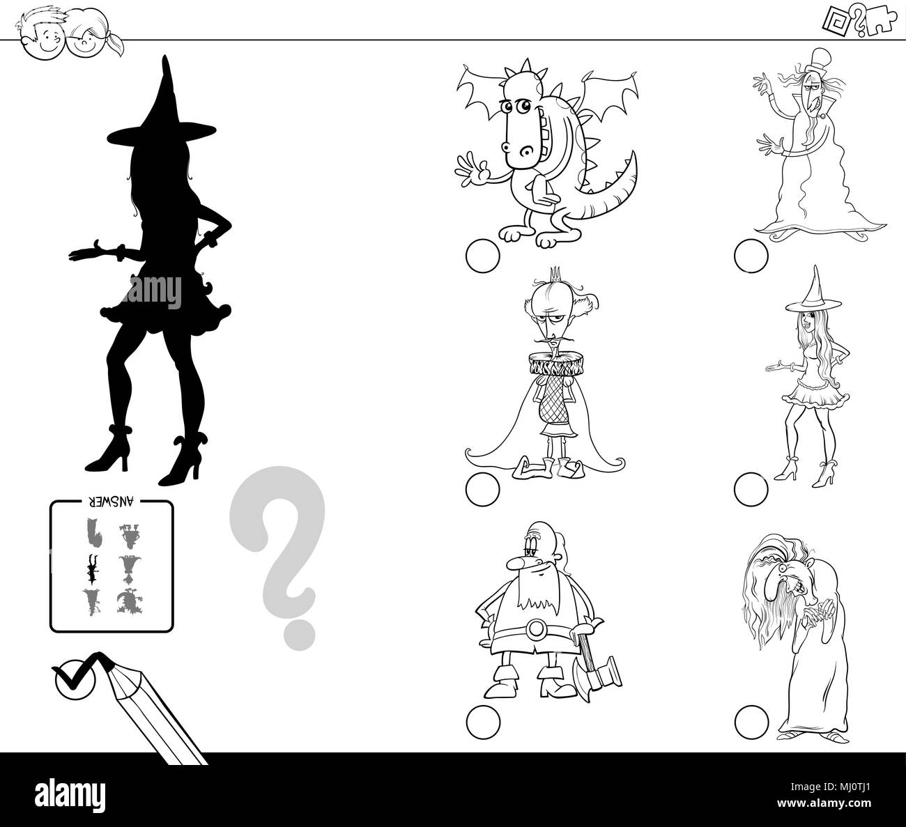 Bianco e Nero Cartoon illustrazione di trovare l'ombra senza differenze di attività educative per i bambini con personaggi delle fiabe colorazione B Illustrazione Vettoriale