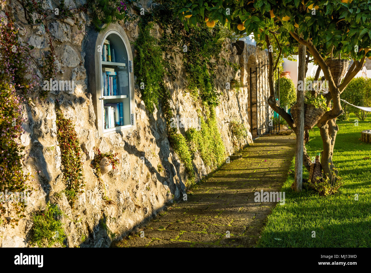 La mattina presto in un cortile giardino di una villa mediterranea lungo la Costiera Amalfitana a Praiano, Campania, Italia Foto Stock