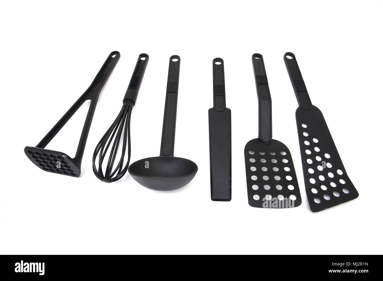 Set di plastica nero utensili da cucina Foto Stock