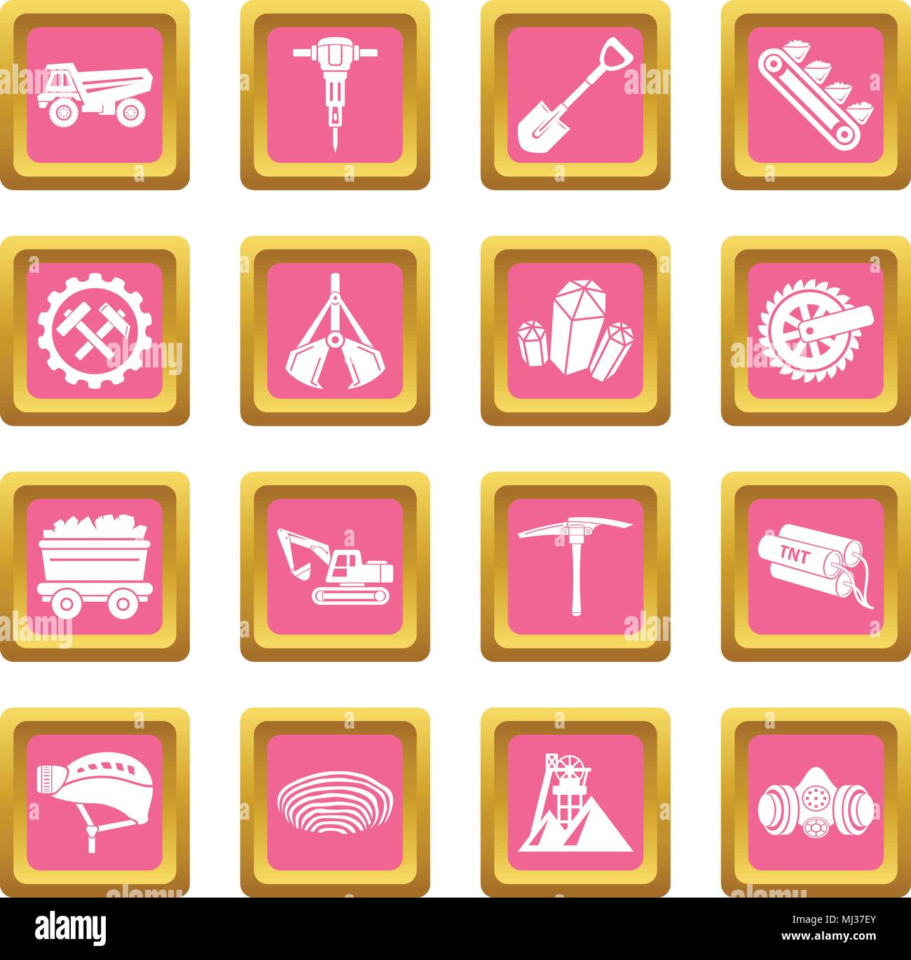 Miniera di carbone di set di icone rosa vettore quadrato Illustrazione Vettoriale