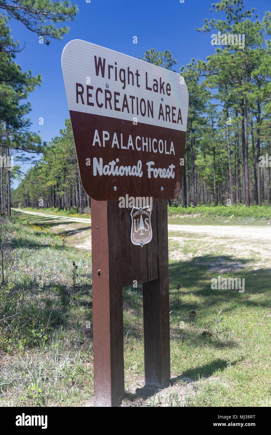 Un segno segna l'entrata al lago Wright Recreation Area in Apalachicola National Forest nel panhandle della Florida. Foto Stock