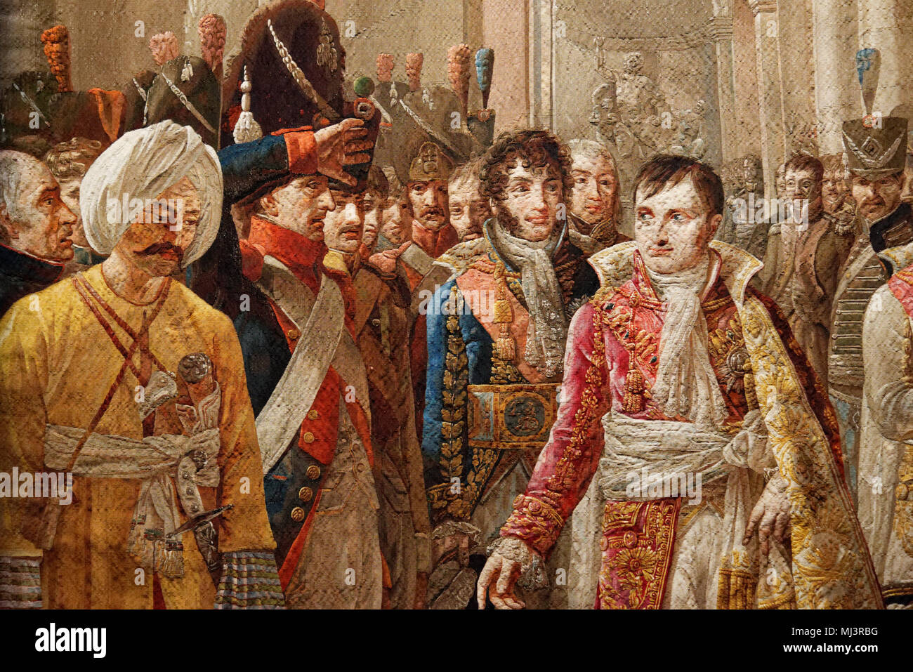 Dettaglio di un ordito di alta arazzo che mostra Napoleone e il cognato Murat esercito di ricezione delegati dopo la sua incoronazione Foto Stock