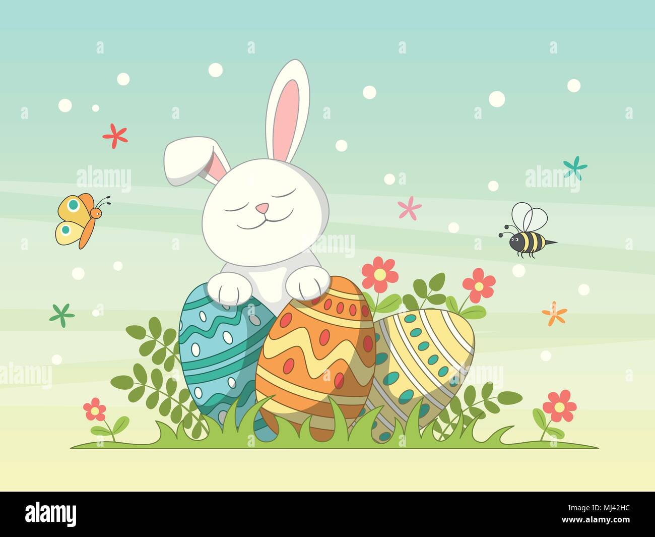 Felice Pasqua biglietto di auguri. Lo sfondo con il coniglio e le uova. Illustrazione Vettoriale