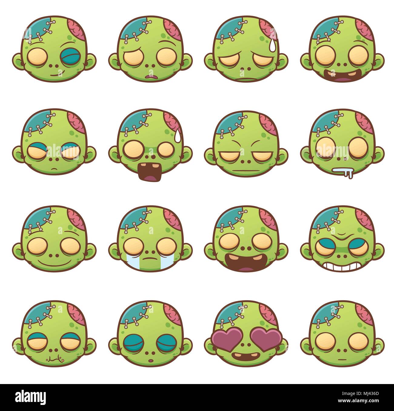 Illustrazione Vettoriale di zombie faccia set di emoticon. Icone Emoji Illustrazione Vettoriale