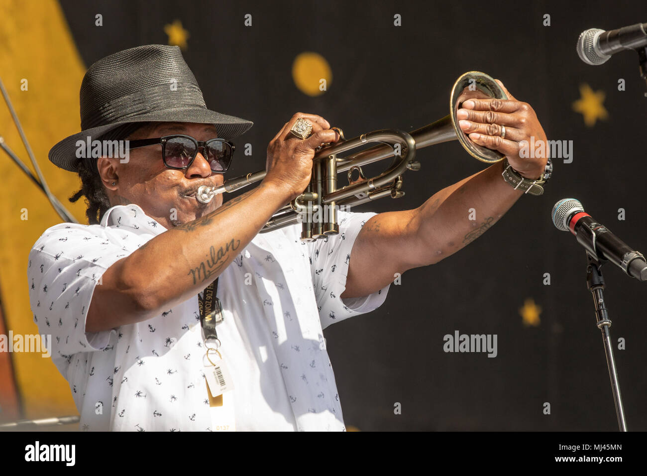 New Orleans, Louisiana, Stati Uniti d'America. Il 3 maggio, 2018. KERMIT RUFFINS durante 2018 New Orleans Jazz e Heritage Festival a Race Course Fiera a New Orleans, Louisiana Credito: Daniel DeSlover/ZUMA filo/Alamy Live News Foto Stock