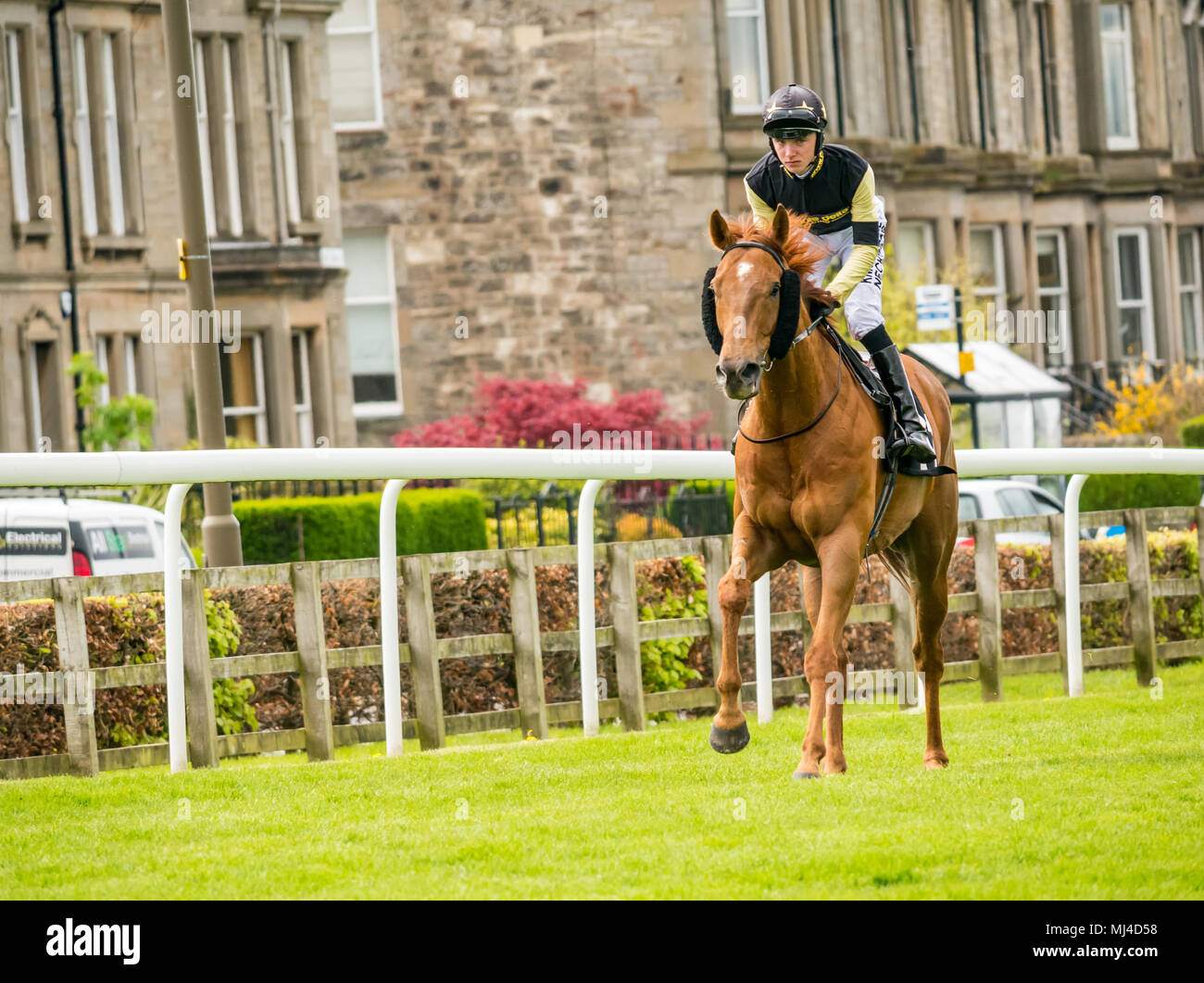 Musselburgh, Scozia, 4 maggio 2018. Musselburgh Race Course, Musselburgh, East Lothian, Scozia, Regno Unito. Una corsa di cavalli galoppa per la partenza al pomeriggio flat horse racing si incontrano. Cavallo " Tommy G' cavalcato da fantino Phil Dennis in 2.40 Boogie al mattino Handicap Foto Stock