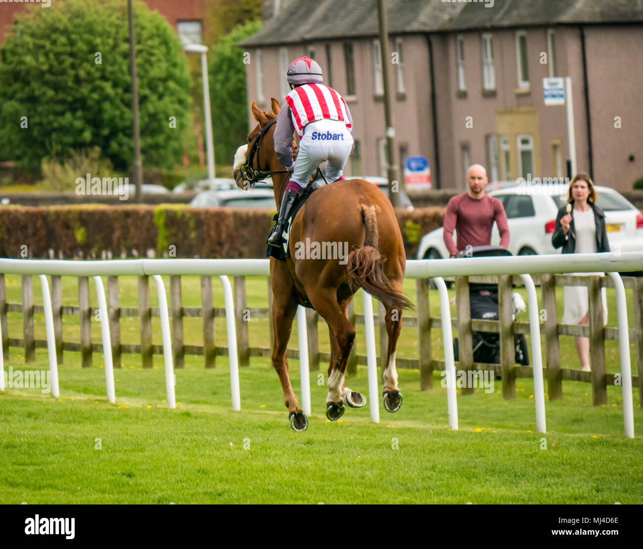 Musselburgh, Scozia, 4 maggio 2018. Circuito di Musselburgh, Musselburgh, East Lothian, Scozia, Regno Unito. Una corsa di cavalli galoppa al punto di partenza al pomeriggio piatto corsa di cavalli incontro. Cavallo ‘Suwaan’ cavalcato dal jockey James Sullivan Foto Stock