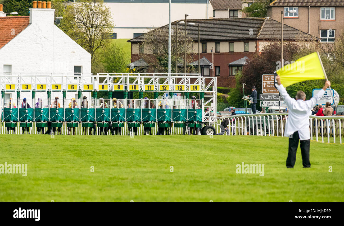 Musselburgh, Scozia, 4 maggio 2018. Musselburgh Race Course, Musselburgh, East Lothian, Scozia, Regno Unito. I cavalli da corsa al pomeriggio flat racing si incontrano. I cavalli sono in partenza porta mentre l'uomo di partenza della gara può contenere fino a bandiera gialla in 2.40 Boogie al mattino Handicap Foto Stock