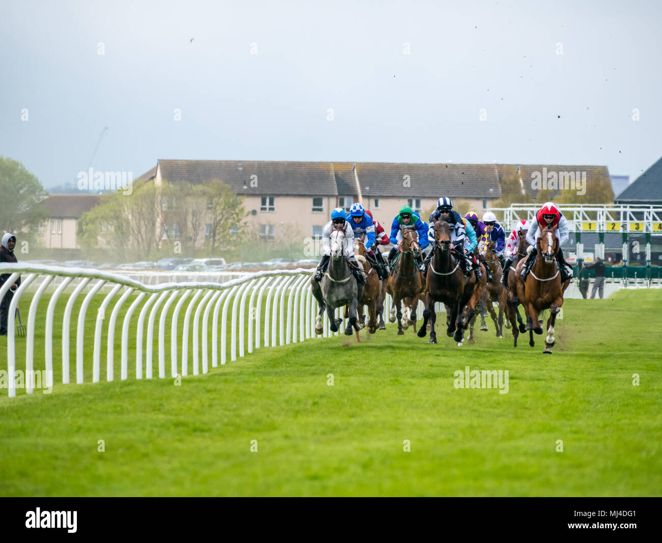 Musselburgh, Scozia, 4 maggio 2018. Musselburgh Race Course, Musselburgh, East Lothian, Scozia, Regno Unito. I cavalli da corsa il tuono del passato al pomeriggio flat racing si incontrano. La 3.10 Jackson Boyd Lawyers-More di Handicap Foto Stock