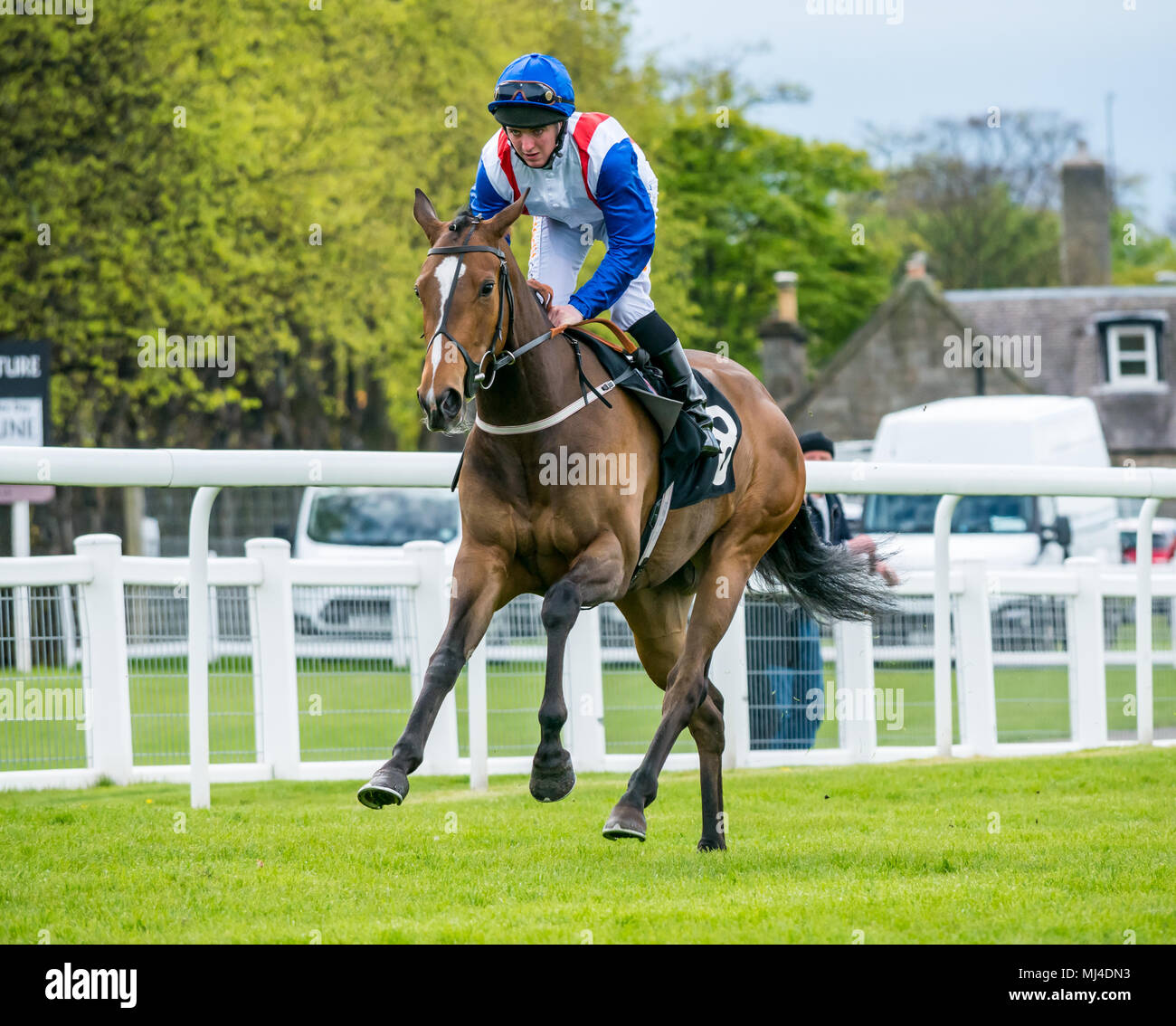 Musselburgh, Scozia, 4 maggio 2018. Musselburgh Race Course, Musselburgh, East Lothian, Scozia, Regno Unito. Una corsa di cavalli galoppa per la partenza al pomeriggio flat horse racing si incontrano. Cavallo "Avana Mariposa' cavalcato da fantino Shane grigio in 3,40 Weatherbys Bank Foreign Exchange Handicap Foto Stock