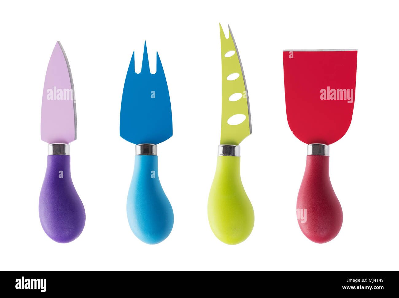 Set di acciaio inossidabile multicolore di coltelli da formaggio isolato su sfondo bianco Foto Stock